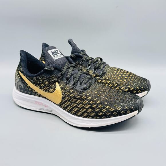 Nike Shoes Womens 8 Black Gold Air Zoom Pegasus 35 Mesh Running Athletic Sneaker - Picture 2 of 12